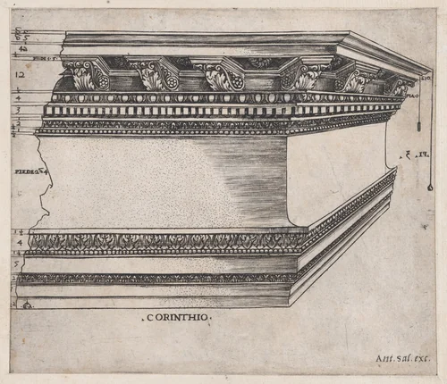 Corinthian entablature, from "Speculum Romanae Magnificentiae" by Monogrammist G.A. with the Caltrop, print, 1532-1538