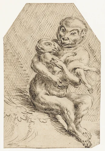 Aap met een jong aapje in zijn armen by anonymous, drawing, 1567-1617
