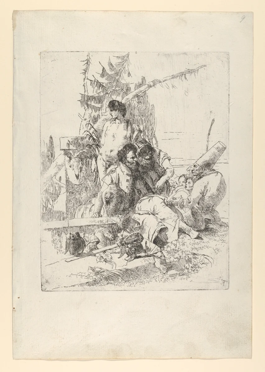 Two Figures Attentive to Punchinello, with Others, from the Scherzi by Giovanni Battista Tiepolo, print, 1738-1755