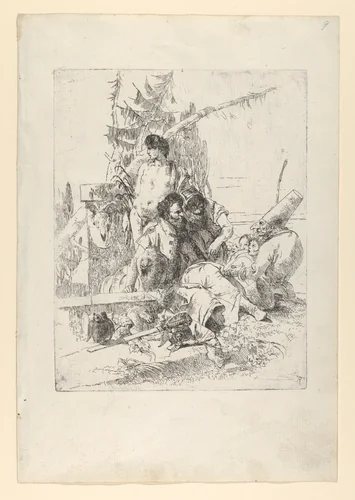 Two Figures Attentive to Punchinello, with Others, from the Scherzi by Giovanni Battista Tiepolo, print, 1738-1755