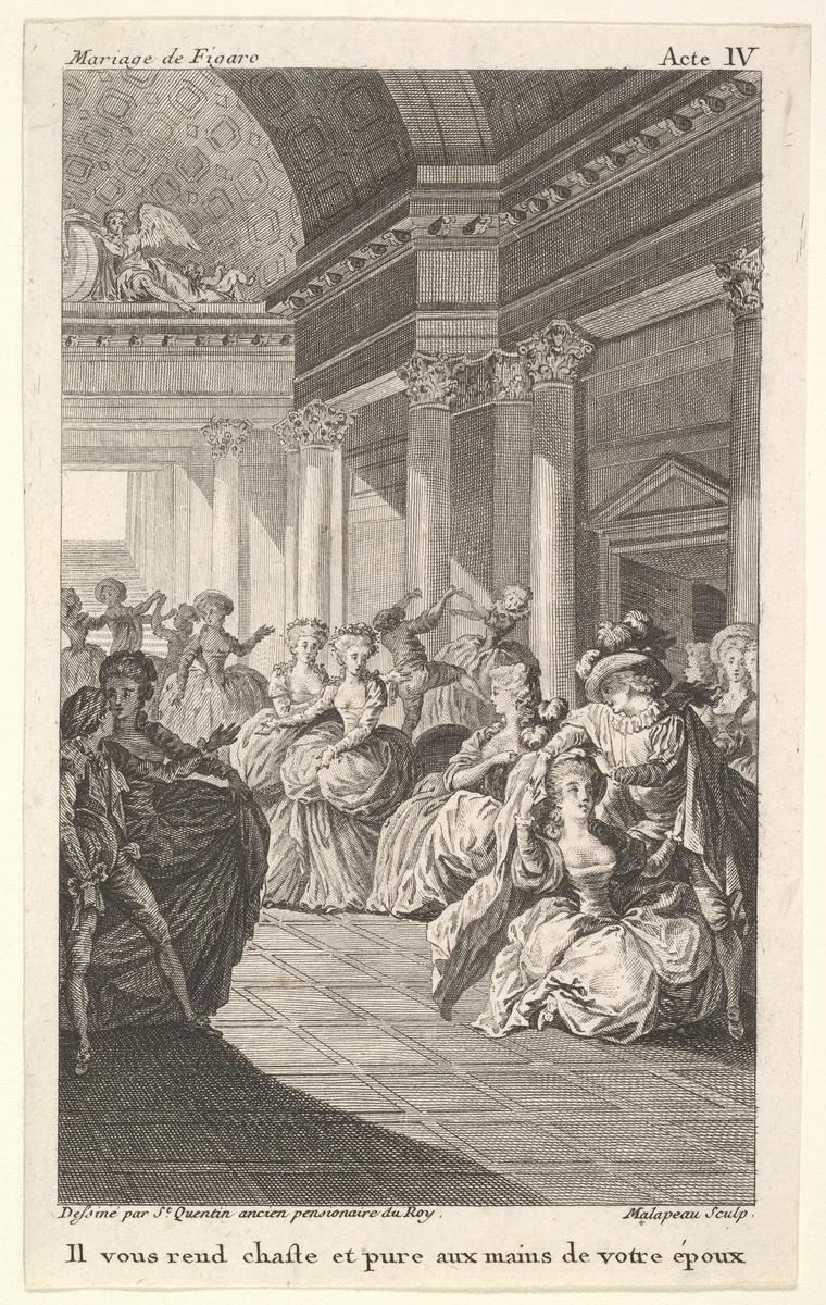 Dancing couples surround four standing women in a barrel-vaulted hall, from a series of five illustrations after Jacques Philippe Joseph de Saint-Quentin for 'The mad day, or the marriage of Figaro' (La Folle journée, ou le mariage de Figaro) by Pierre Augustin Caron de Beaumarchais by Jacques Philippe Joseph de Saint Quentin, print, 1784