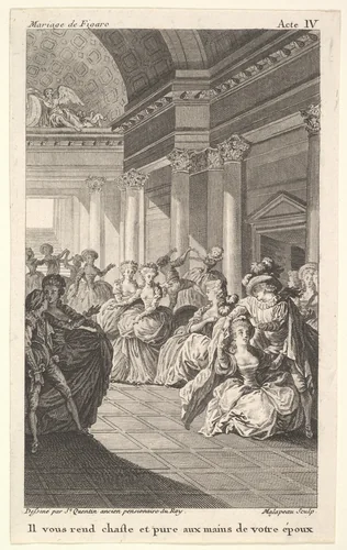 Dancing couples surround four standing women in a barrel-vaulted hall, from a series of five illustrations after Jacques Philippe Joseph de Saint-Quentin for 'The mad day, or the marriage of Figaro' (La Folle journée, ou le mariage de Figaro) by Pierre Augustin Caron de Beaumarchais by Jacques Philippe Joseph de Saint Quentin, print, 1784