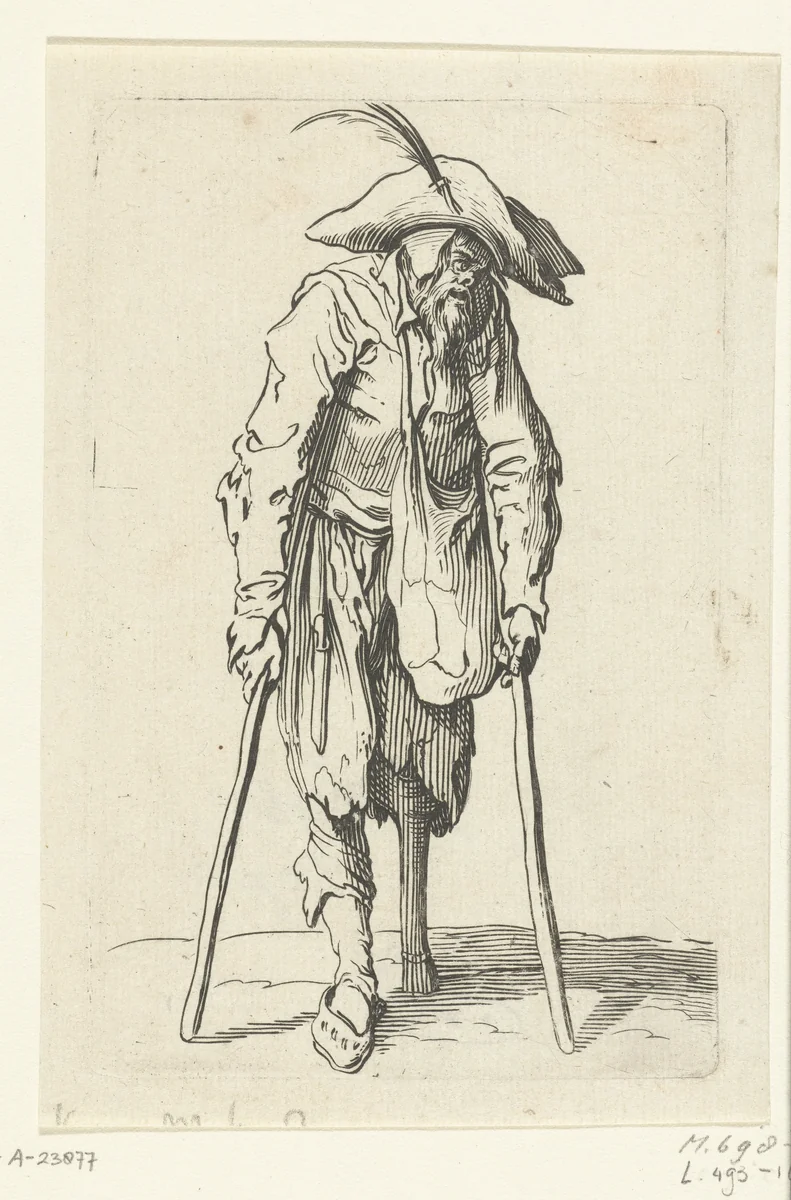 Bedelaar met krukken en een houten been by anonymous, print, 1622-1670