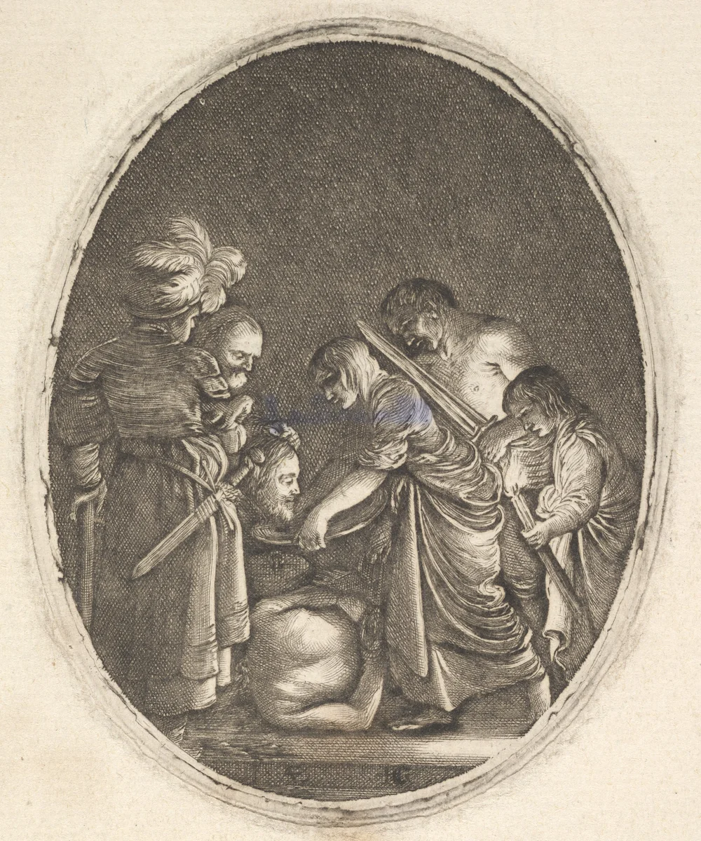 Salome receiving the head of John the Baptist, surrounded by three men and a child bearing a torch, the Baptist's body lies on the ground by Hendrick Goudt, print, 1605-1615