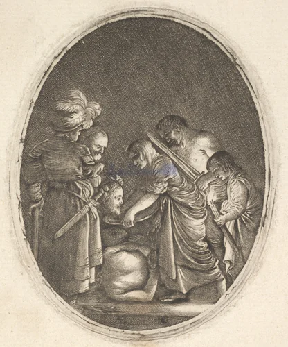 Salome receiving the head of John the Baptist, surrounded by three men and a child bearing a torch, the Baptist's body lies on the ground by Hendrick Goudt, print, 1605-1615