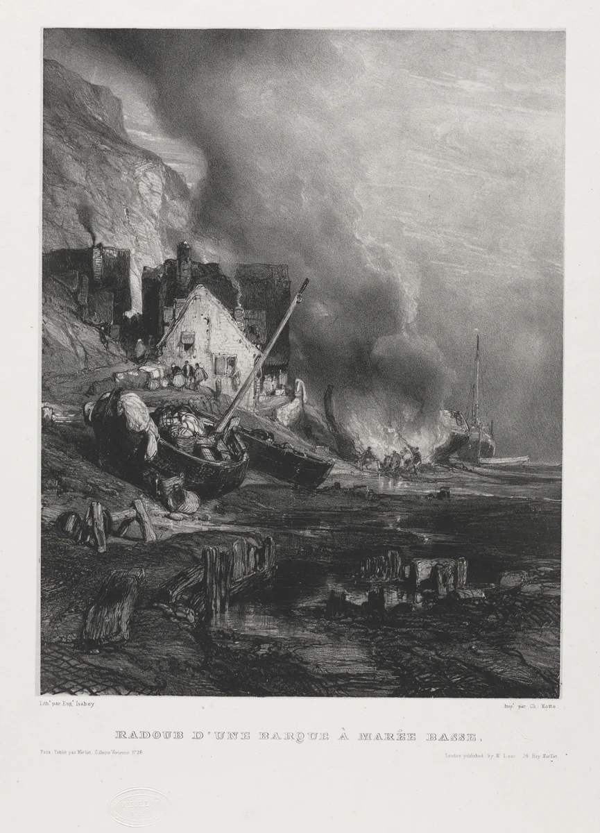 Six Marines: Refitting of a Boat at Low Tide by Eugène Isabey, print, 1833