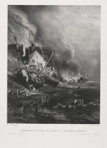 Six Marines: Refitting of a Boat at Low Tide by Eugène Isabey, print, 1833