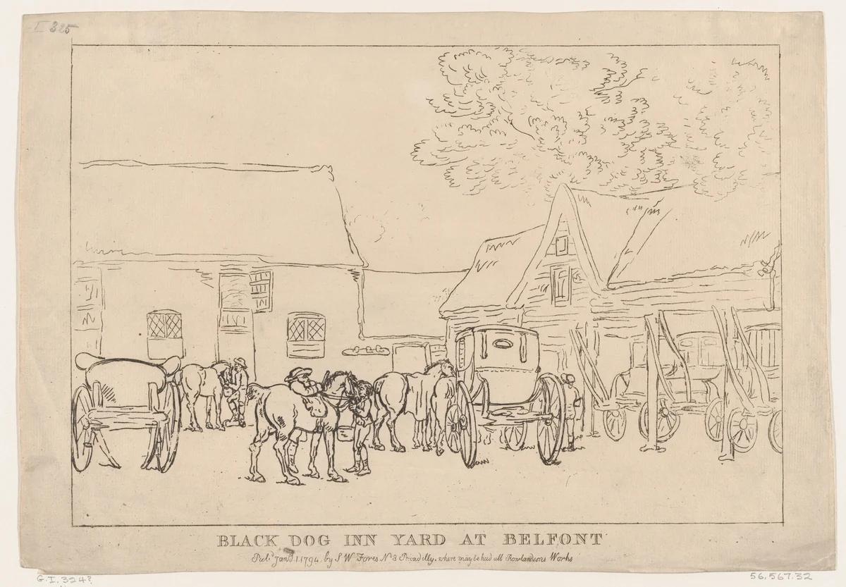 Black Dog Inn Yard At Belfont by Thomas Rowlandson, print, 1794