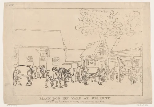 Black Dog Inn Yard At Belfont by Thomas Rowlandson, print, 1794