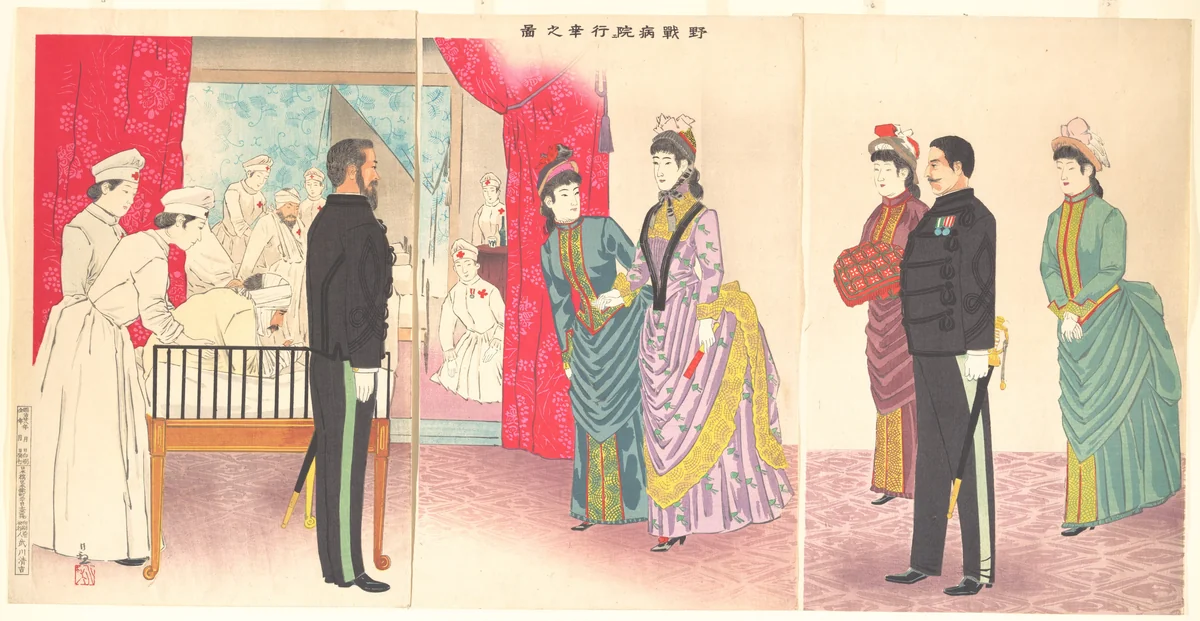 Illustration of the Empress Visiting a Field Hospital [in Hiroshima] (Yasen byōin gyōkō no zu) by Kobayashi Kiyochika, print, 1895