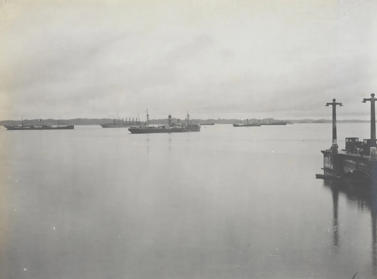 Gotun Lake. Anchorage Basin. View from East Emergency Dam, showing vessels at anchor, delayed account of slides in Gaillard cut by Unidentified Photographer, photograph, 1915