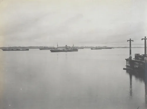 Gotun Lake. Anchorage Basin. View from East Emergency Dam, showing vessels at anchor, delayed account of slides in Gaillard cut by Unidentified Photographer, photograph, 1915