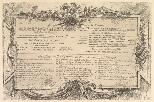 Iscrizione nei lati del Ponte di Rimino (Inscription on the side of the Rimini Bridge) followed by an index of plates in the volume, from "Antichità Romane de' Tempi della Repubblica, e de' primi Imperatori" by Giovanni Battista Piranesi, print, 1743-1753