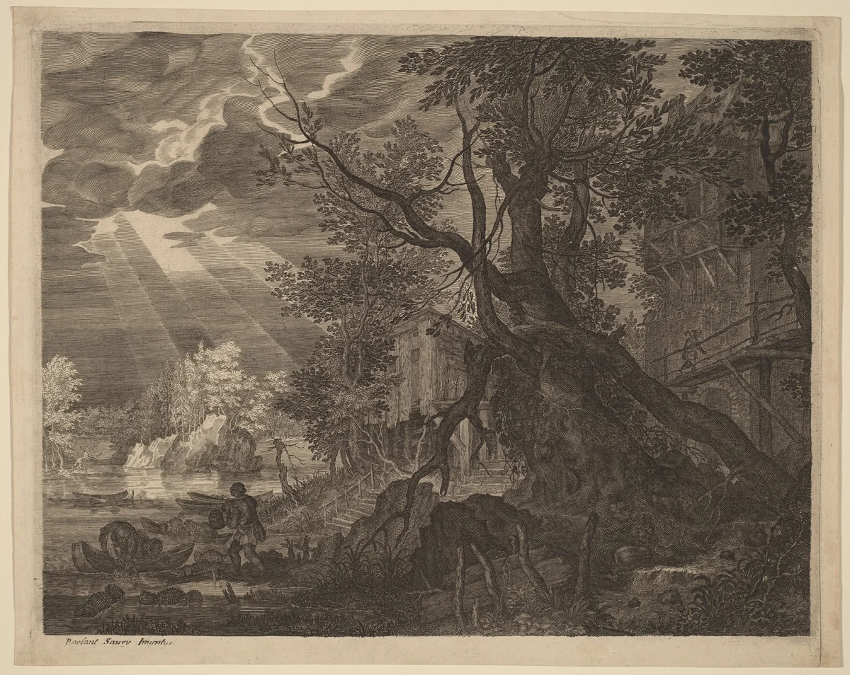 Landscape with Men Fishing by Moonlight by Aegidius Sadeler Roelandt Savery, print, 1570-1629