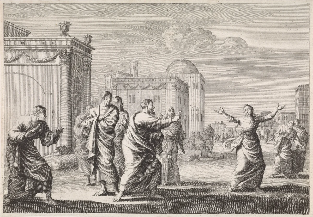 Paulus geneest een bezeten vrouw by Jan Luyken, print, 1700