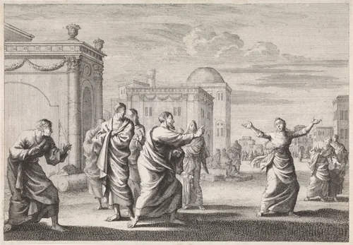Paulus geneest een bezeten vrouw by Jan Luyken, print, 1700