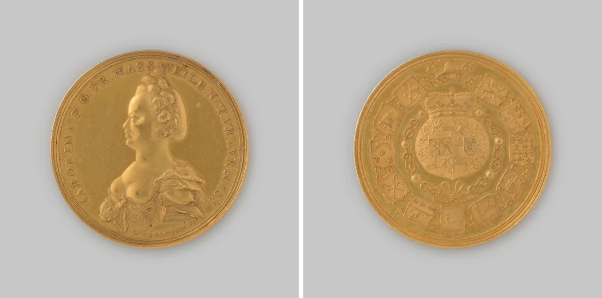 Landdagpenning van Friesland op naam van prinses Carolina van Nassau-Weilburg 1765 by Johan George Holtzhey, metalwork, 1765