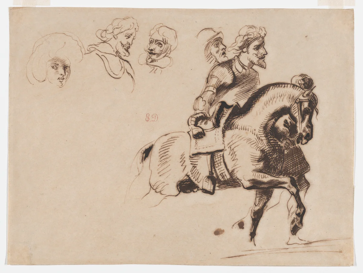 Studies of a Medieval Horse and Rider by Eugène Delacroix, drawing, 1824-1830