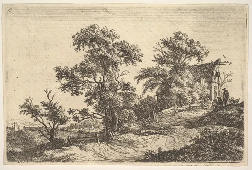 A Cottage on a Hill by Anthonie Waterloo, print, 1640-1690