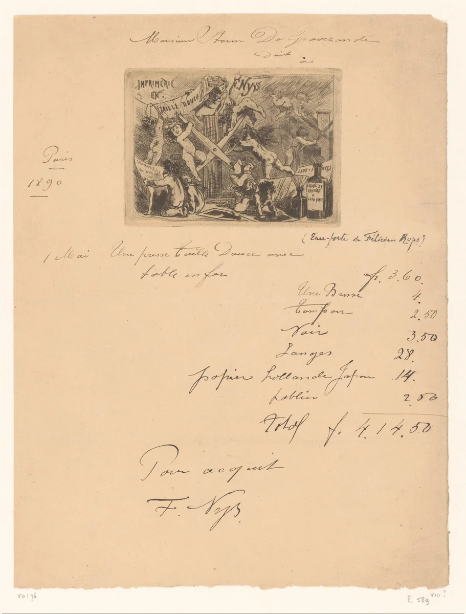 Adreskaart van drukkerij Nys & Mommen by Félicien Rops, print, 1878