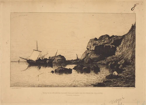 Barque de pecheurs faisant escale dans les rochers de Collioure by Adolphe Appian, print, 1818-1898