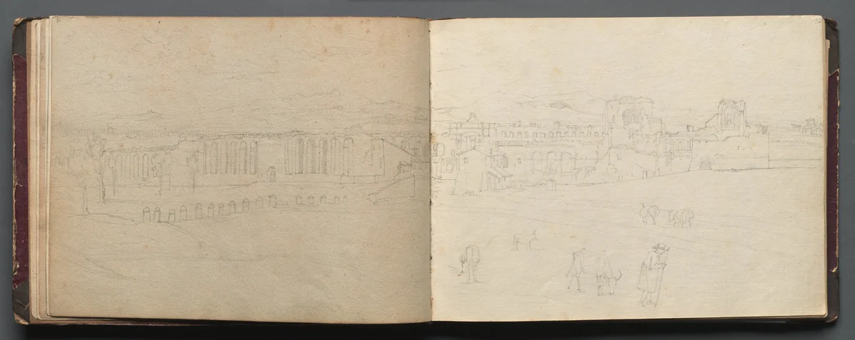 Album with Views of Rome and Surroundings, Landscape Studies, page 08b and 09 a: Panoramic view of Rome by Franz Nadorp, book, 1830-1870