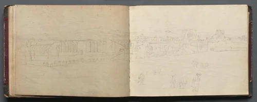Album with Views of Rome and Surroundings, Landscape Studies, page 08b and 09 a: Panoramic view of Rome by Franz Nadorp, book, 1830-1870