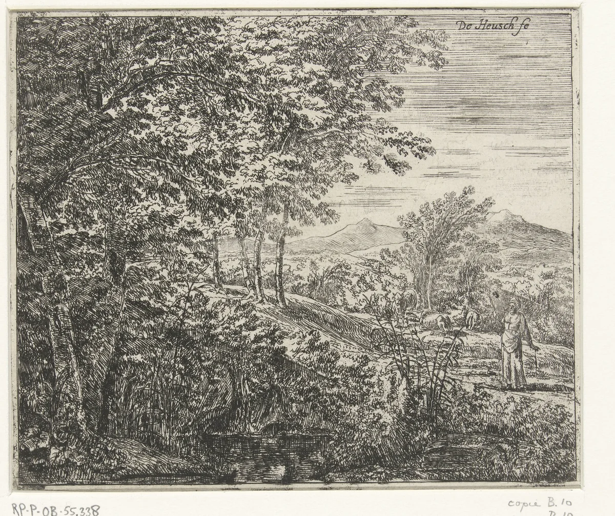 Landschap met spinster by anonymous, print, 1635-1742