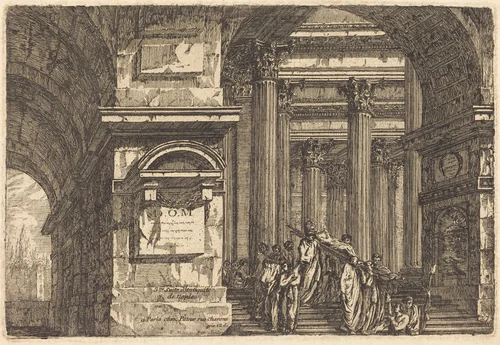 Funeral Scene in Imaginary Architecture by Pierre Moreau, print, 1682-1762
