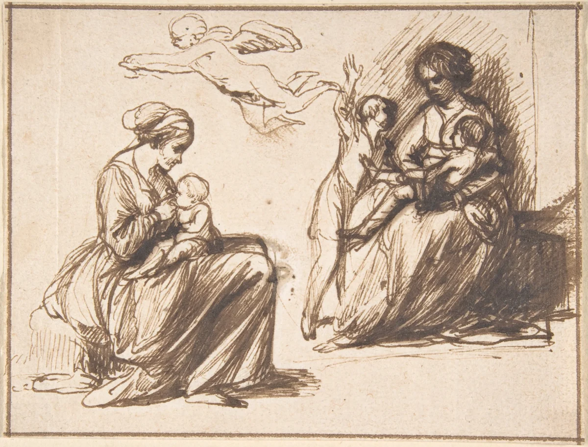 Study Sheet with Two Seated Children and an Angel by Hendrick Goudt, drawing, 1600-1648