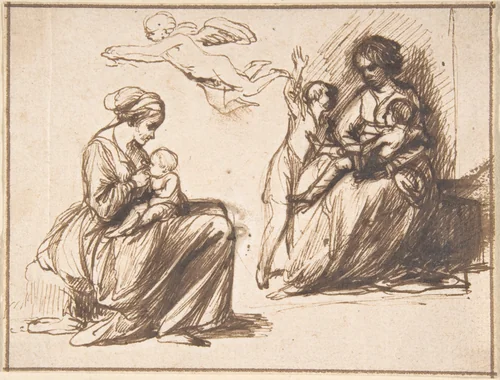 Study Sheet with Two Seated Children and an Angel by Hendrick Goudt, drawing, 1600-1648