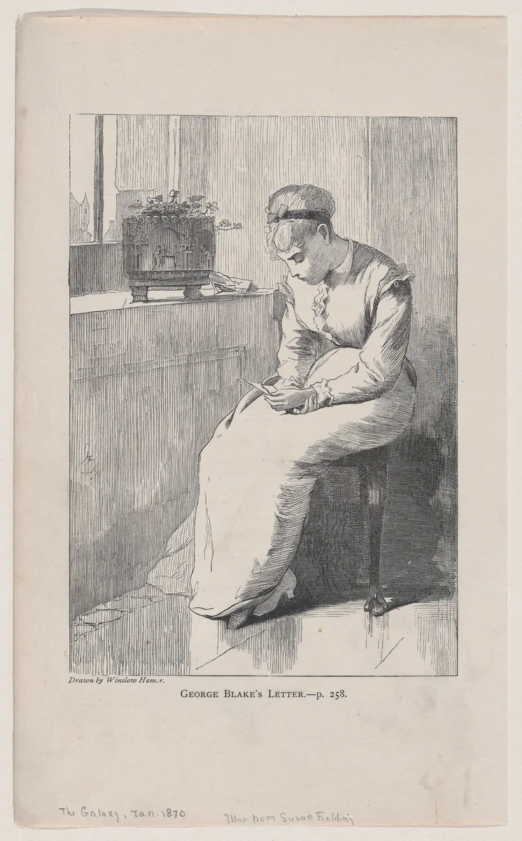 George Blake's Letter (The Galaxy, An Illustrated Magazine of Entertaining Reading, Vol. IX) by Winslow Homer, print, 1870