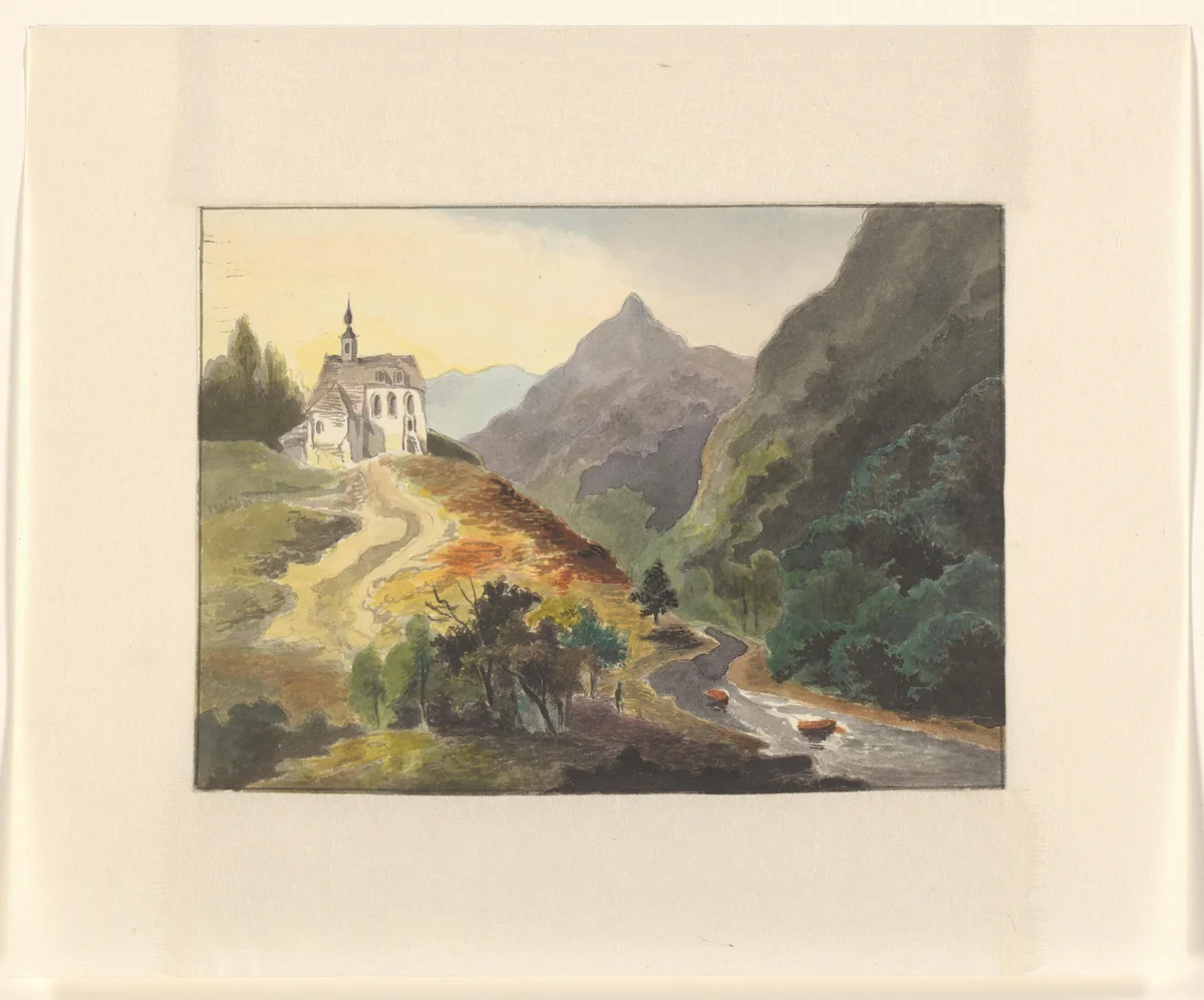 Berglandschap met een kerk bij een rivier by Johannes van Reijn, drawing, 1800-1900