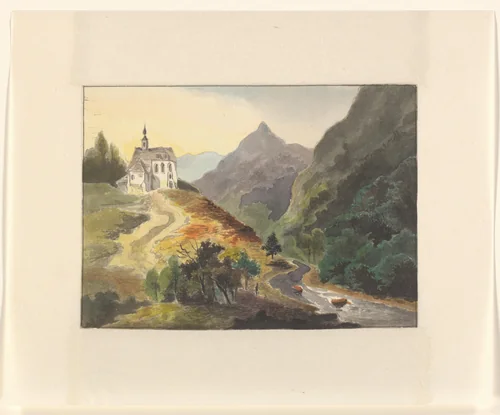 Berglandschap met een kerk bij een rivier by Johannes van Reijn, drawing, 1800-1900