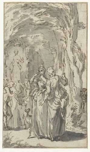 Illustratieontwerp met twee jonge vrouwen en een hond by anonymous, drawing, 1700-1800