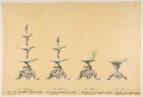 Four Designs for Tiered Serving Dishes by anonymous, drawing, 1800-1899