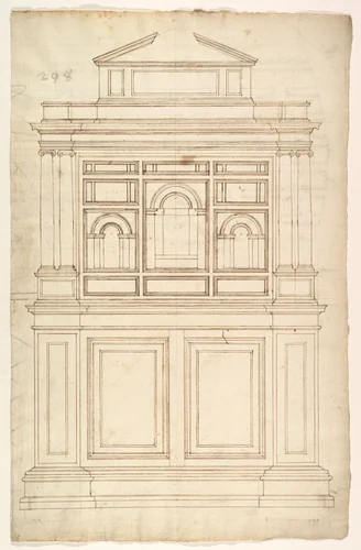 Court Cupboard (recto); Half-page of rectangles, numbered and lettered (verso) by anonymous, drawing, 1500-1599