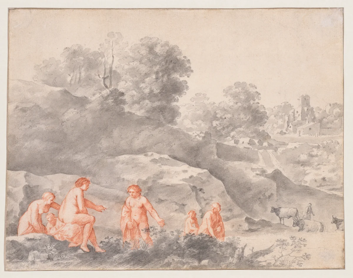Nudes in a Landscape (possibly Diana and Callisto) by Cornelis van Poelenburch, drawing, 1637-1672