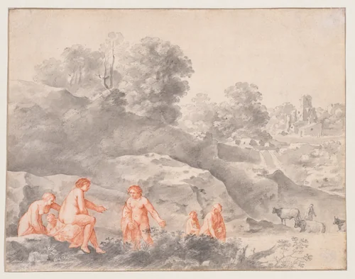 Nudes in a Landscape (possibly Diana and Callisto) by Cornelis van Poelenburch, drawing, 1637-1672
