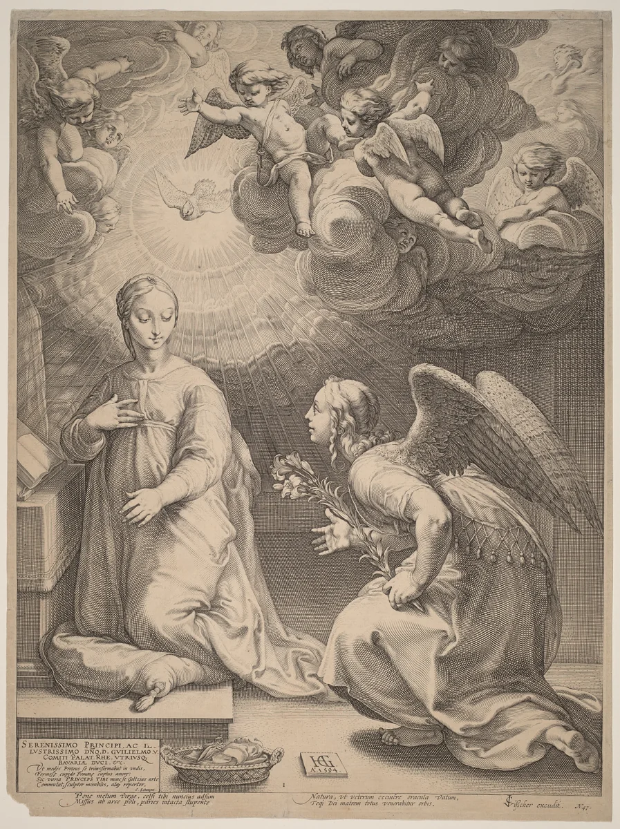 The Annunciation by Hendrick Goltzius; Claes Jansz Visscher, print, 1594