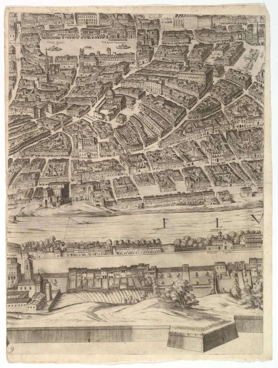 Plan of the City of Rome: sheet 9 with the Piazza Navona, the Campo di Fiore and the Sant' Onofrio by Antonio Tempesta, print, 1645