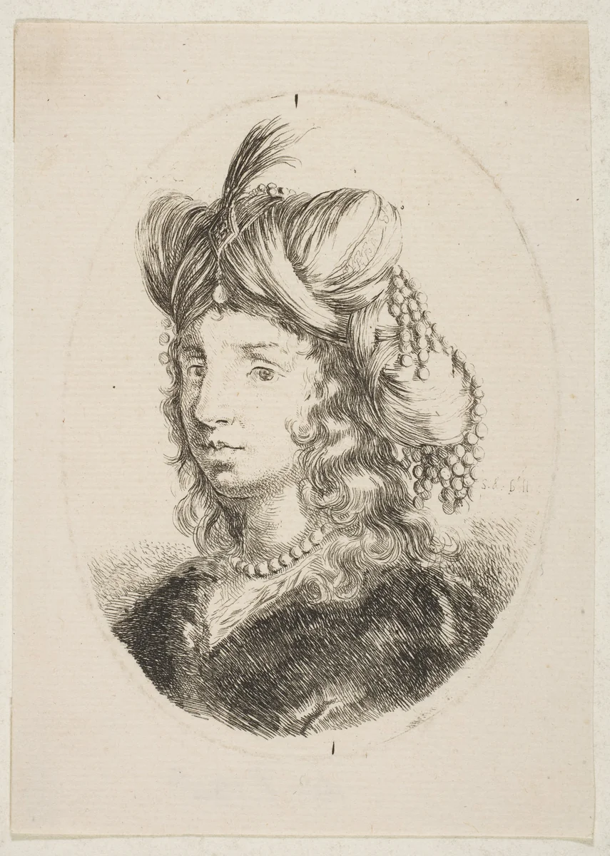 Sultana wearing a pearl necklace and a turban, from 'Several heads in the Persian style' (Plusieurs têtes coiffées à la persienne) by Stefano della Bella, print, 1649-1650