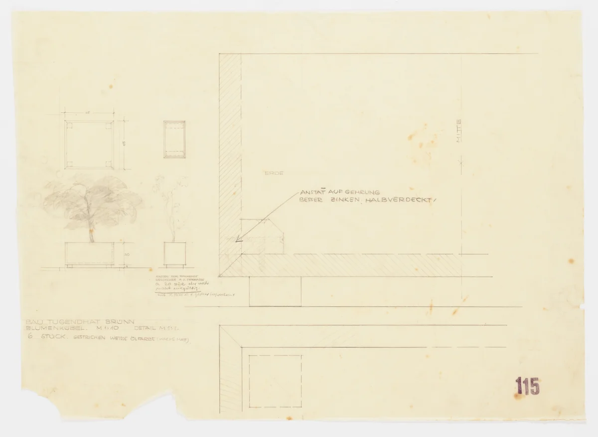 Tugendhat House, Brno, Czech Republic (Planters. Elevations, sections, plans.) by Ludwig Mies van der Rohe, mies van der rohe archive, 1928