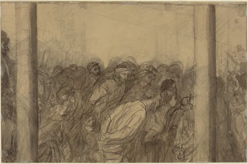Crowd of People Seen between Two Columns [verso] by Alphonse Legros, drawing, 1837-1911