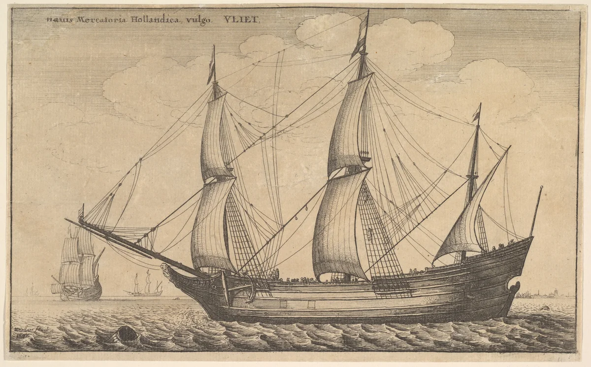 Naues Mercantoriæ Hollandicæ, vulgo, VLIET (A Dutch freighter) by Wenceslaus Hollar, print, 1647