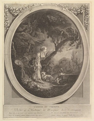 L'Arivée du Courier (The Arrival of the Messenger) by Jacques Firmin Beauvarlet, print, 1746-1797