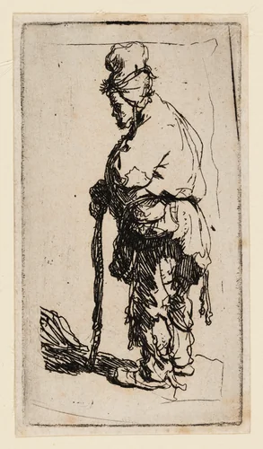 Beggar Leaning on a Stick, Facing Left by Rembrandt van Rijn, print, 1625-1635