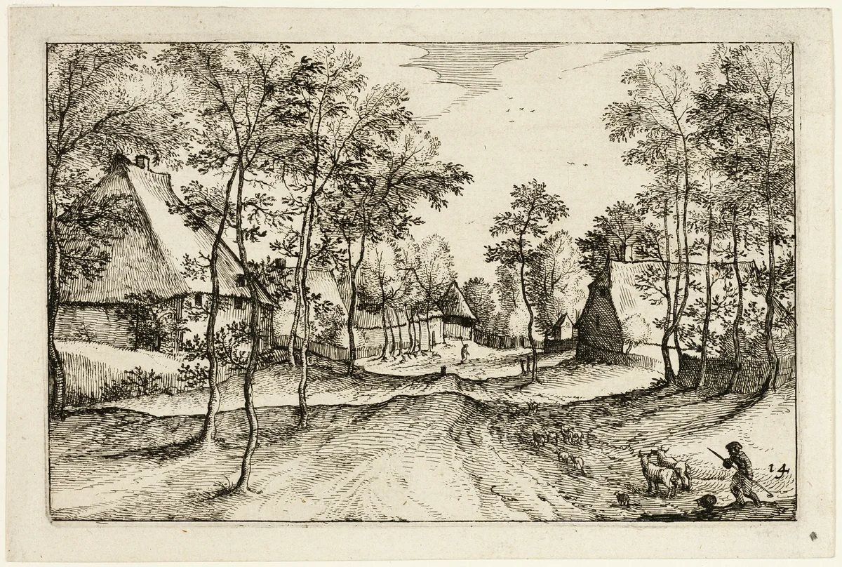 Village Road, plate fourteen after Pictures of Farms, Country Houses and Rustic Villages (Praediorum villarum et rusticarum casularum icones) by Claes Jansz Visscher, print, 1612