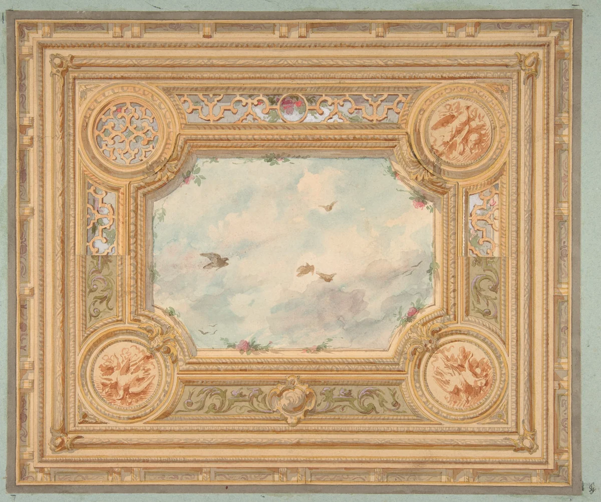 Design for a ceiling with four medallions and sky motif in center by Jules-Edmond-Charles Lachaise, drawing, 1850-1900