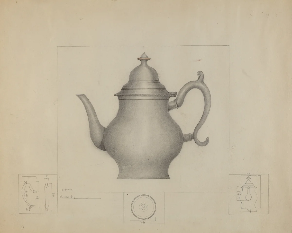 Pewter Coffee Pot by Henry Meyers, index of american design, 1936